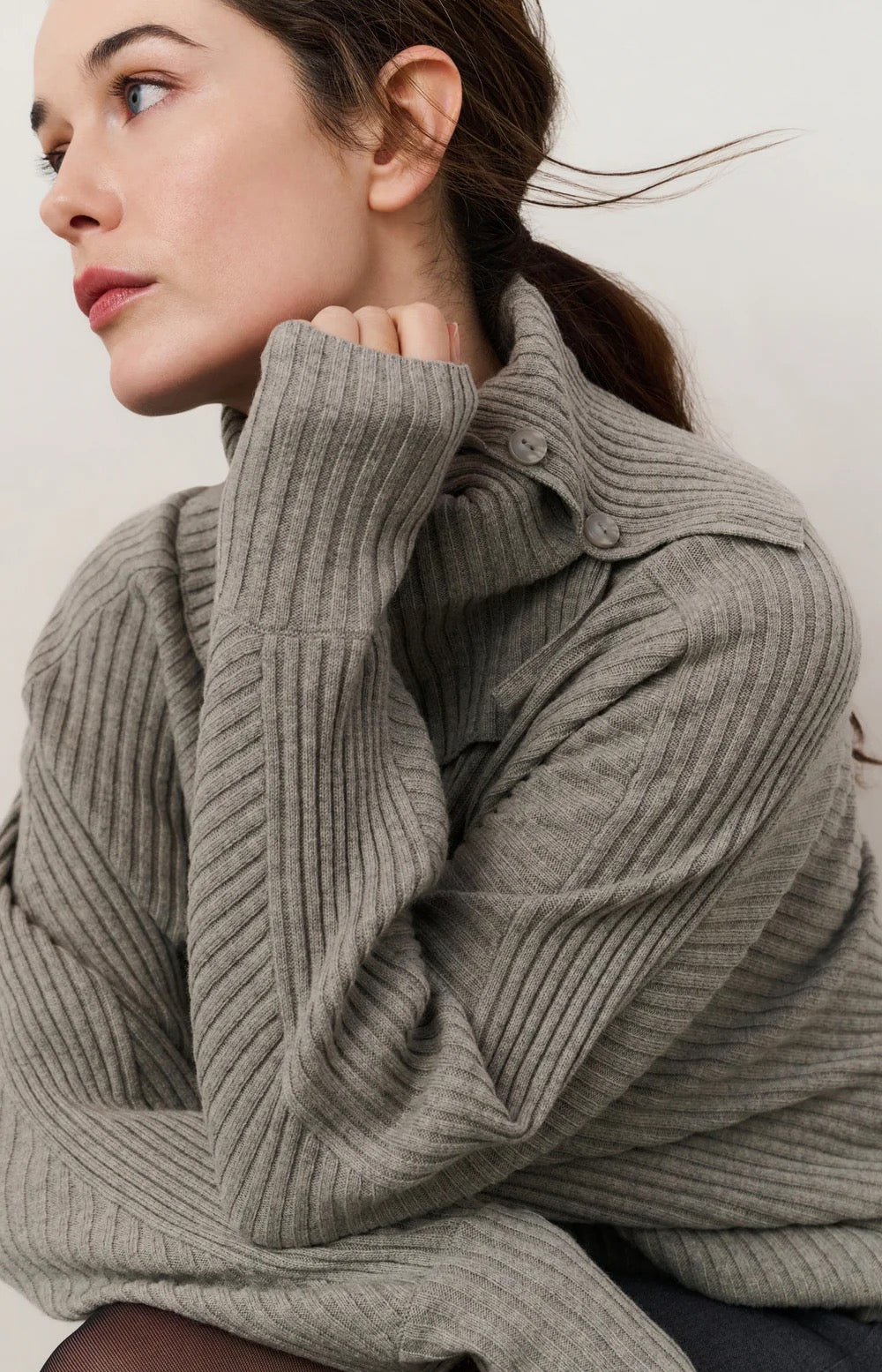 YAYA  RIB BATWING WITH COLLAR BROWNISH GREY MELANGE