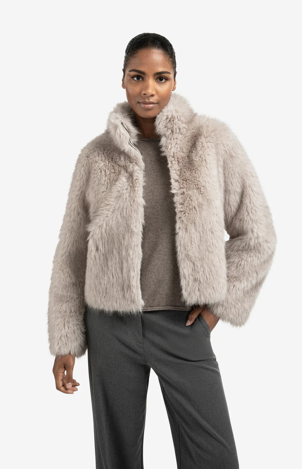 YAYA  FAUX FUR JKT LIGHT GREY