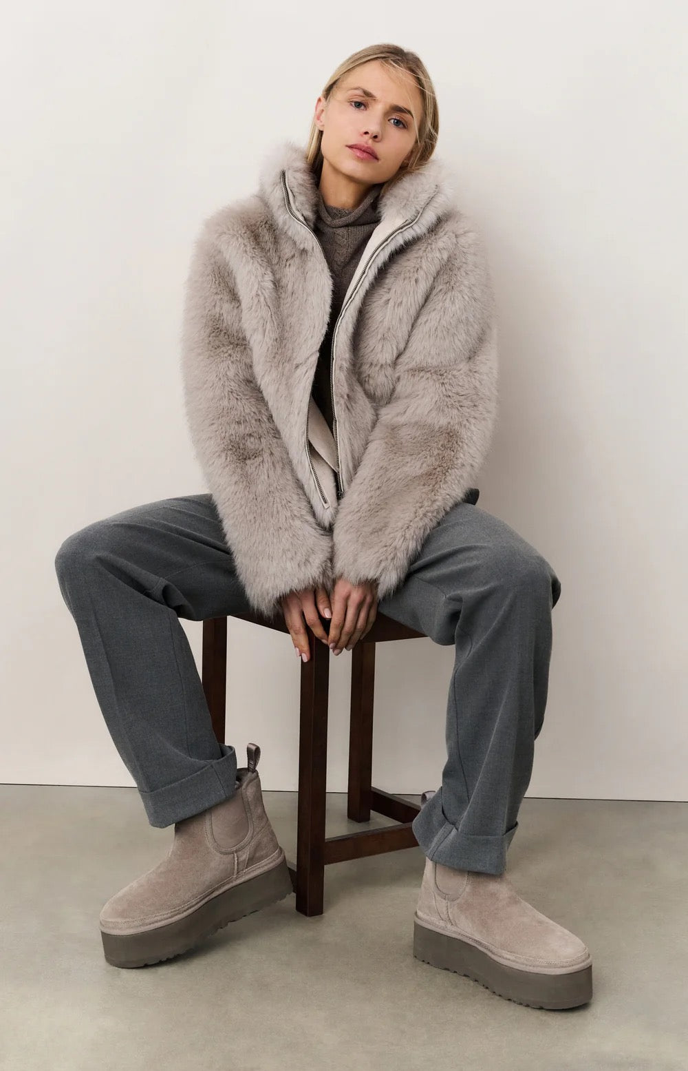 YAYA  FAUX FUR JKT LIGHT GREY