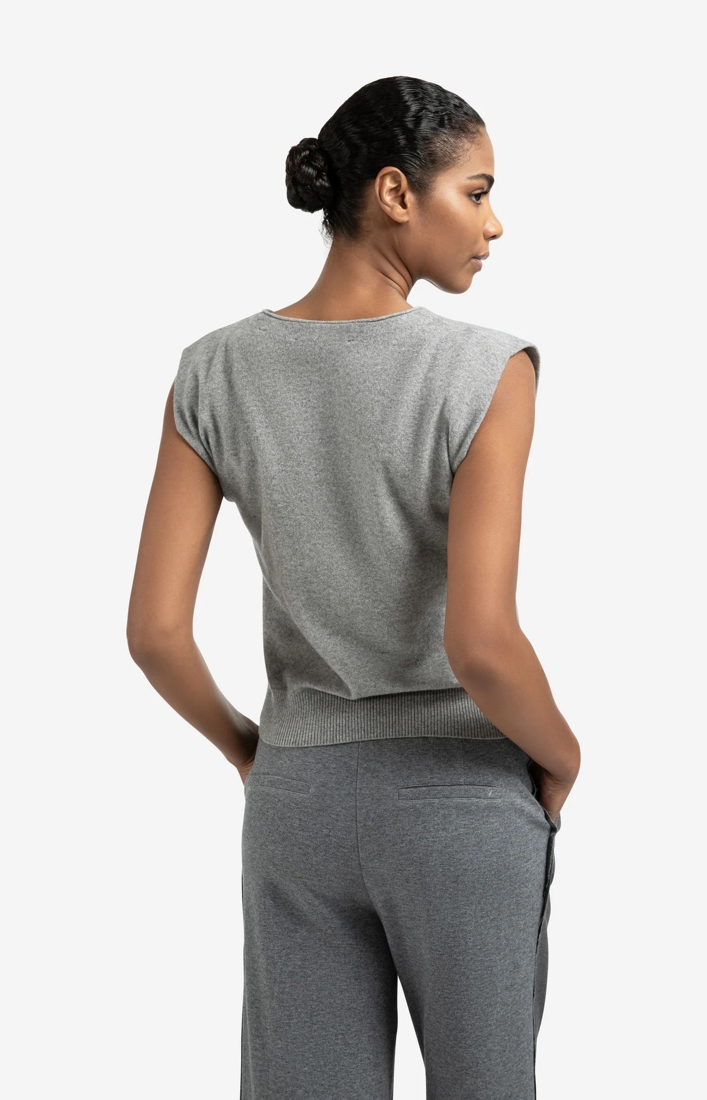 YAYA KNITTED TANK BUTTON MED GREY MELANGE
