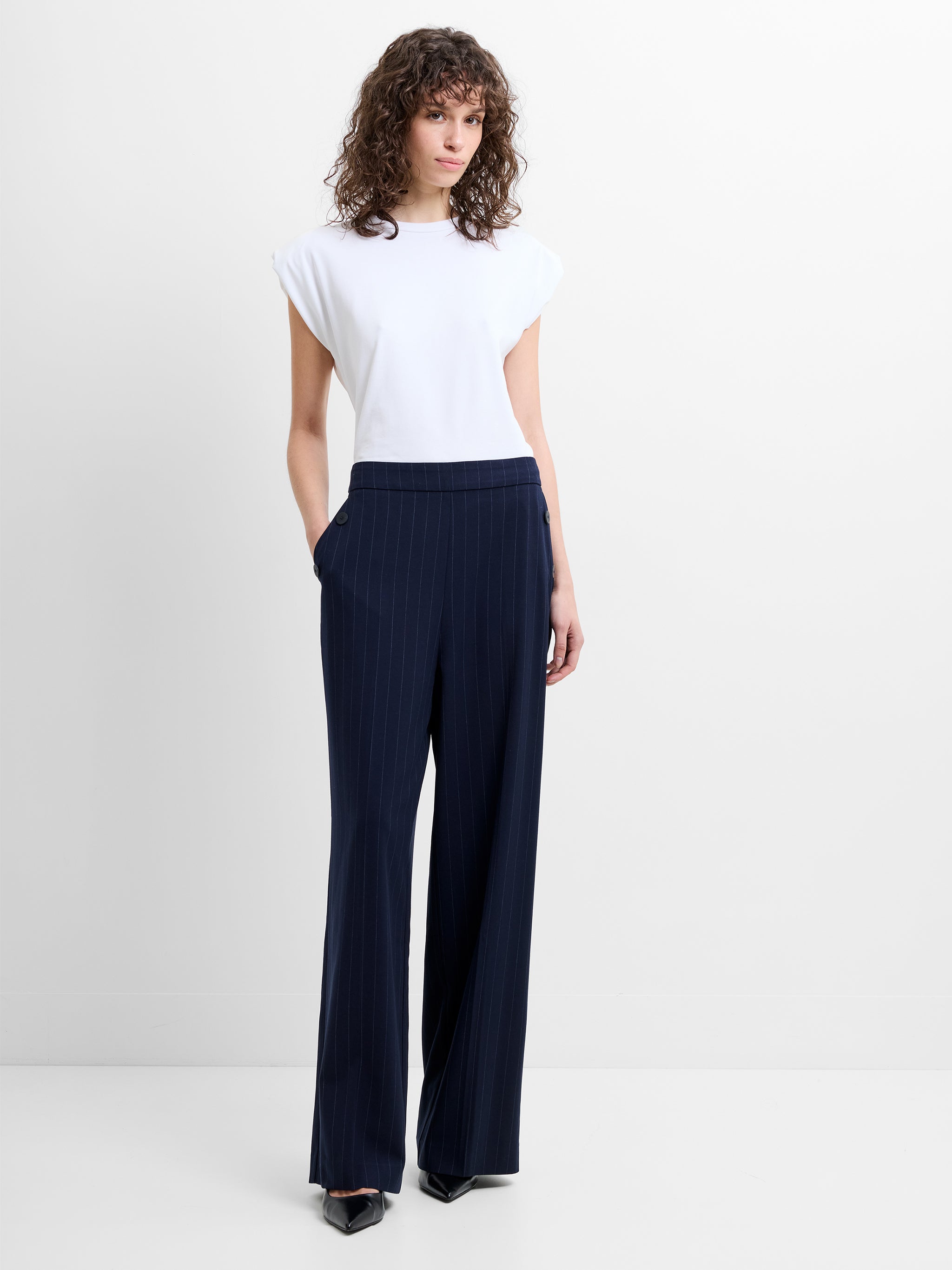 FRENCH CONNECTION ALIA PINSTRIPE NAVY-LINEN WHITE