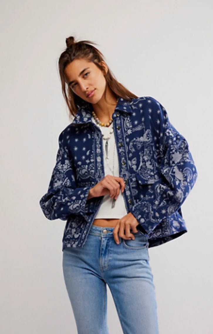 FREE PEOPLE BANDANA O SHIRT INDIGO COMBO