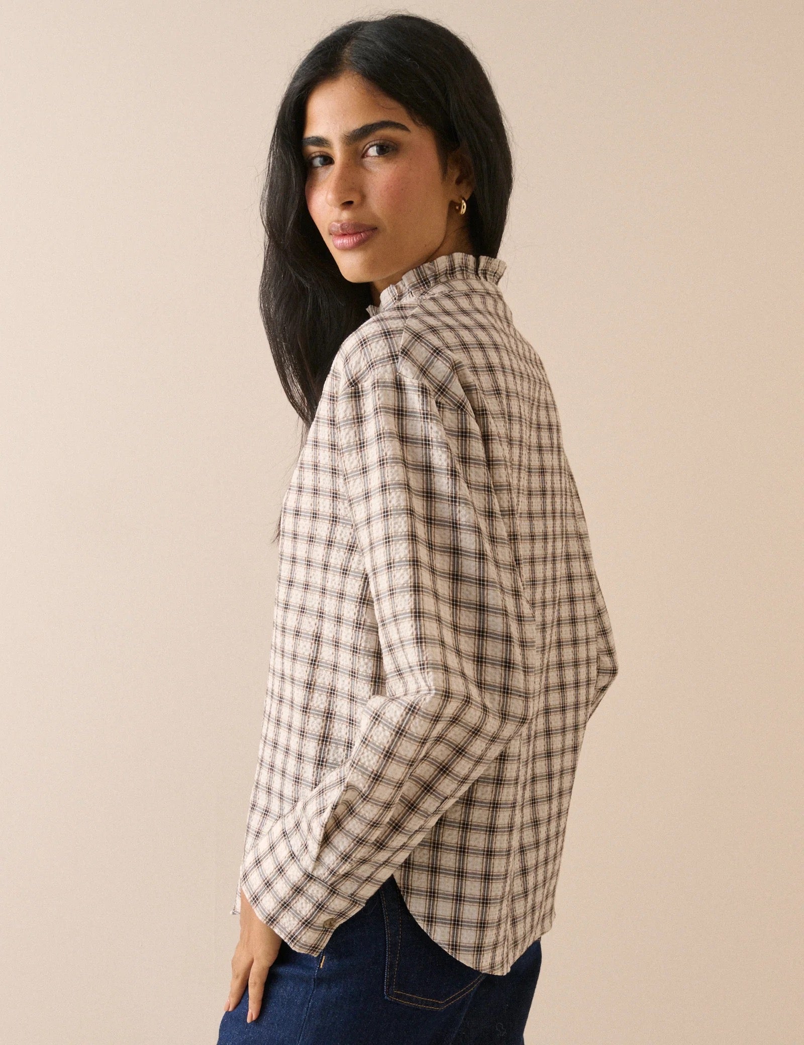 NOBODYS CHILD  FREYA FRILL NECK MULTI GREY CHECK
