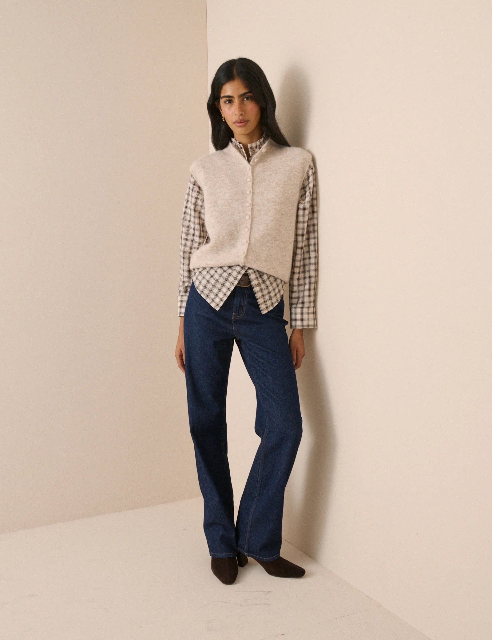 NOBODYS CHILD  FREYA FRILL NECK MULTI GREY CHECK