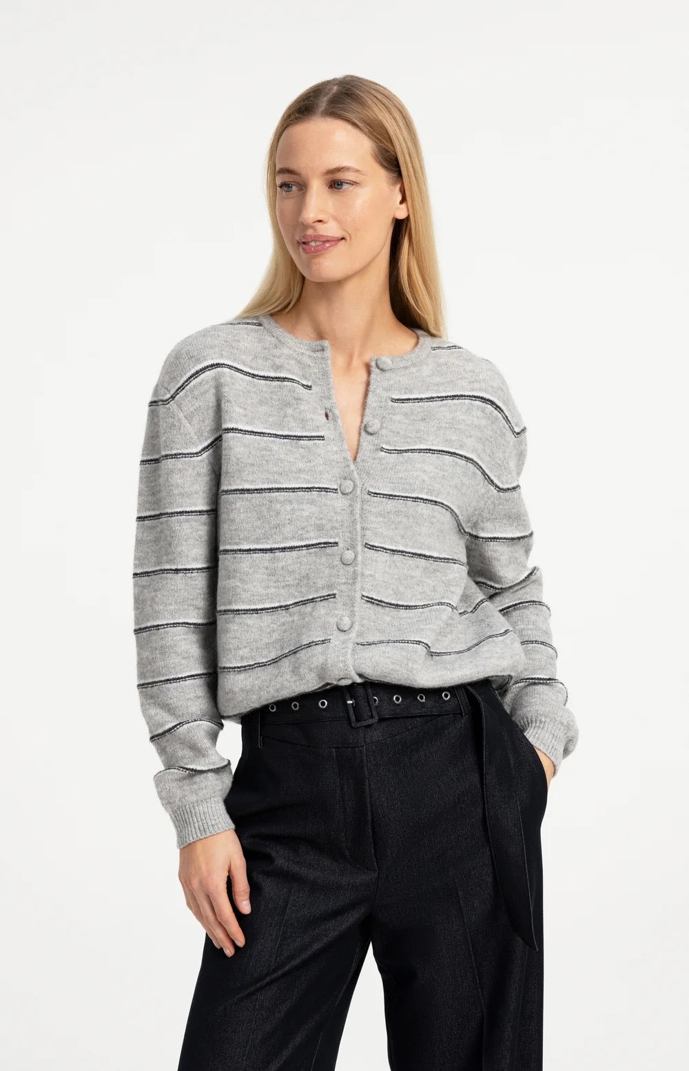 YAYA STRIPE CARDIGAN MEDIUM GREY MELANGE