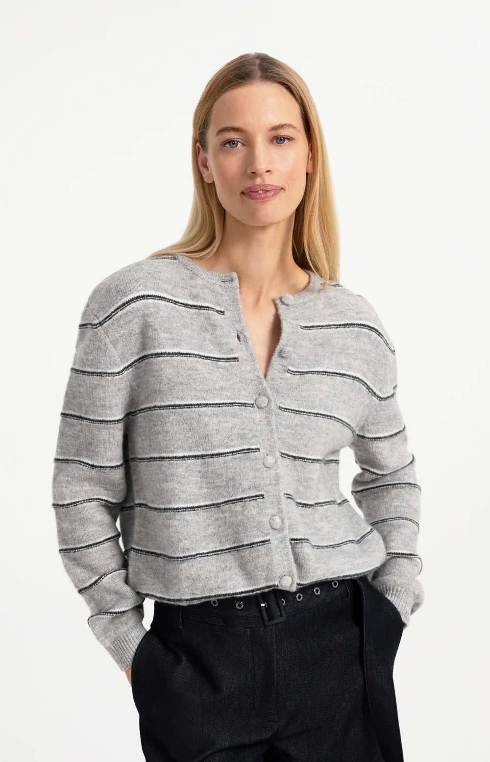 YAYA STRIPE CARDIGAN MEDIUM GREY MELANGE