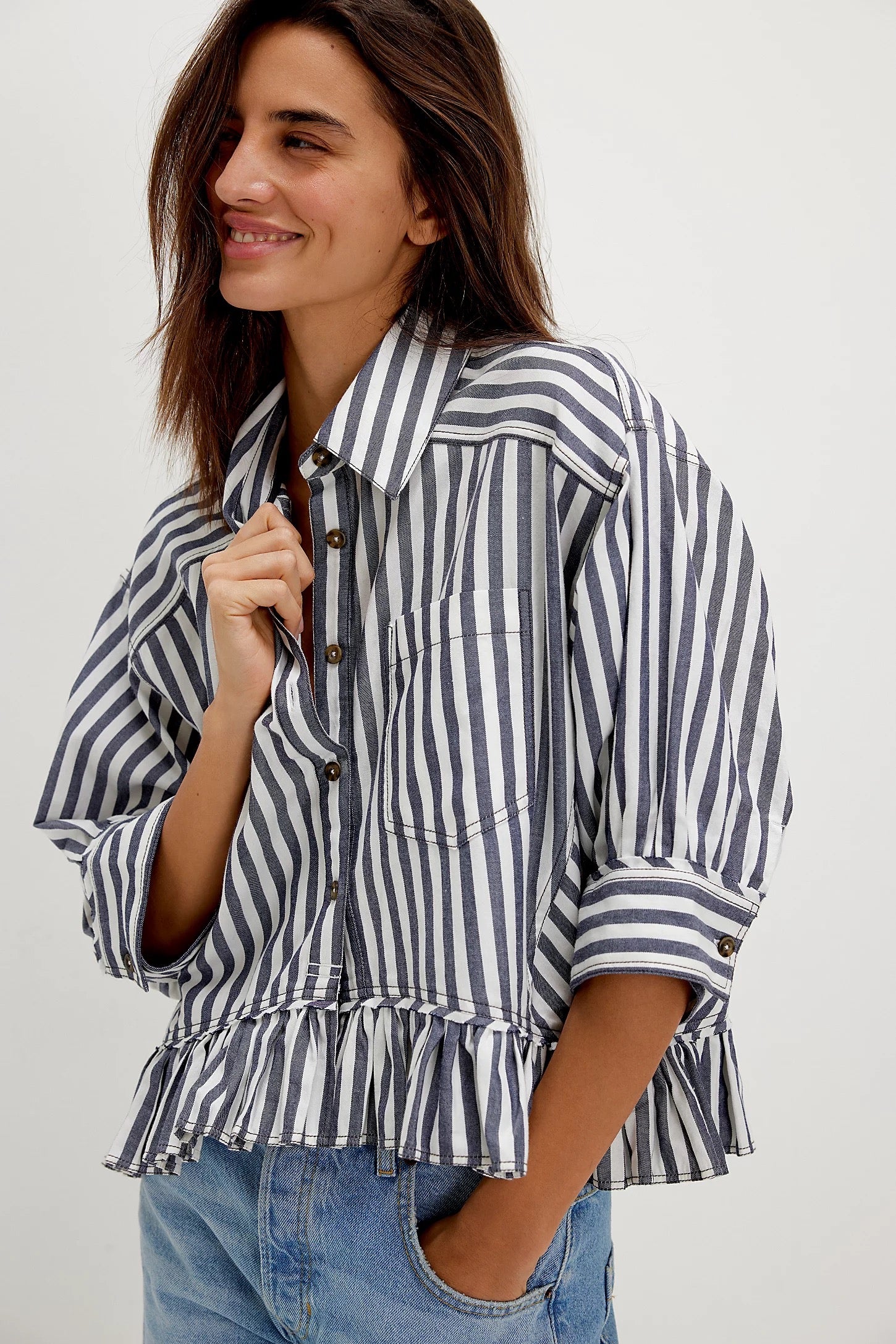 FREE PEOPLE  BAILEY STRIPE NAVY COMBO SHIRT