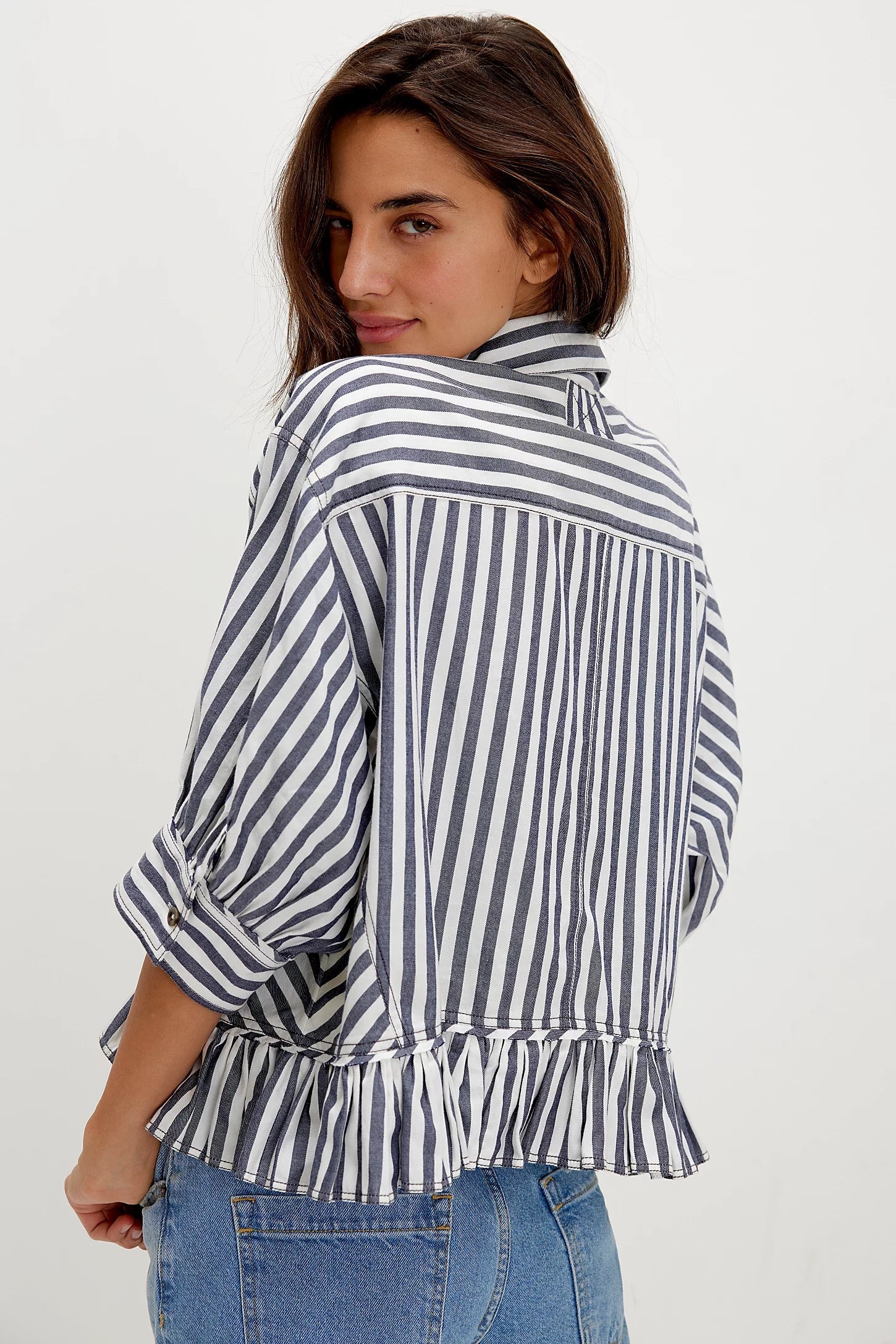 FREE PEOPLE  BAILEY STRIPE NAVY COMBO SHIRT