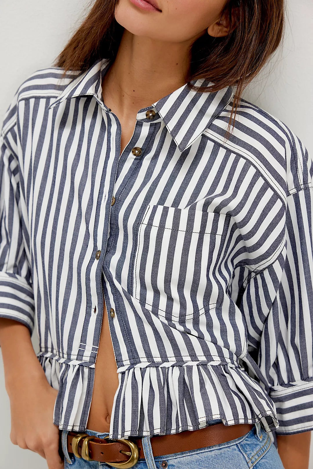 FREE PEOPLE  BAILEY STRIPE NAVY COMBO SHIRT