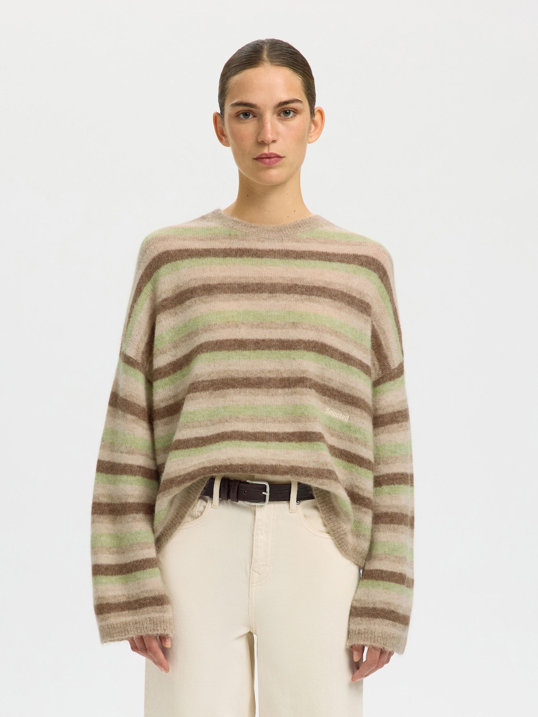 SELECTED LULU BUTTON O NECK BIRCH/LIME/CHOC CHIP