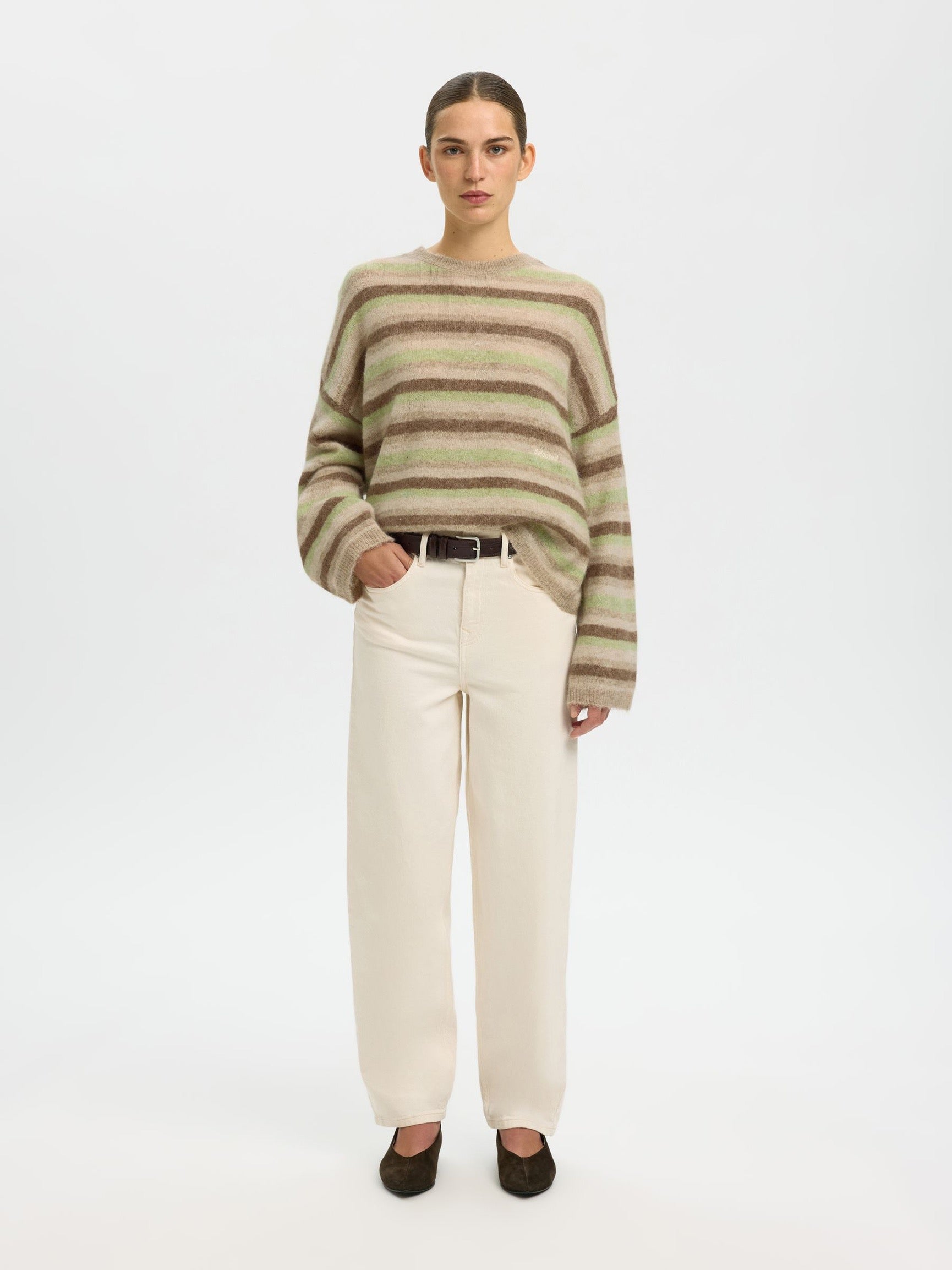 SELECTED LULU BUTTON O NECK BIRCH/LIME/CHOC CHIP