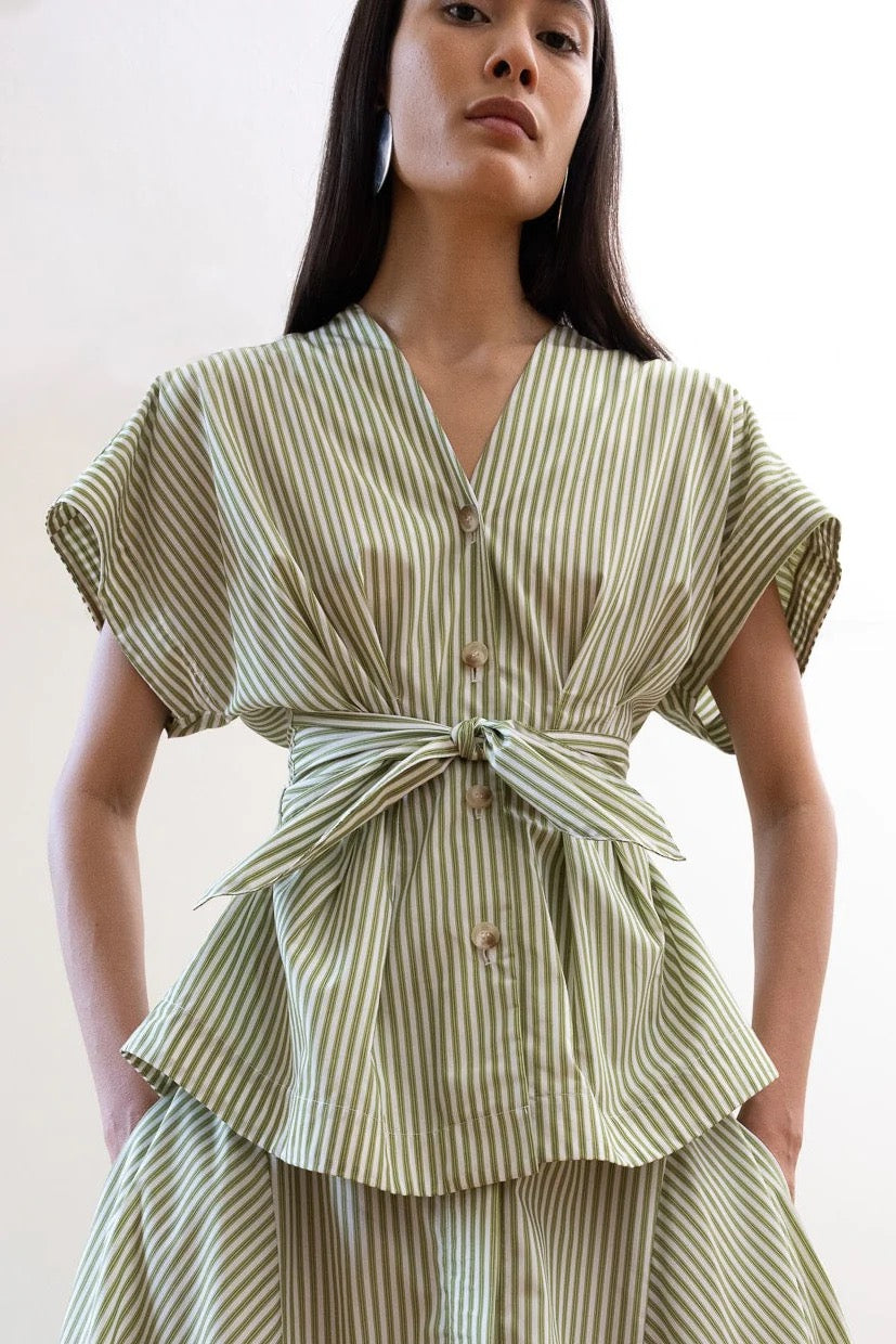 VIVERE REESE V NECK GREEN STRIPE