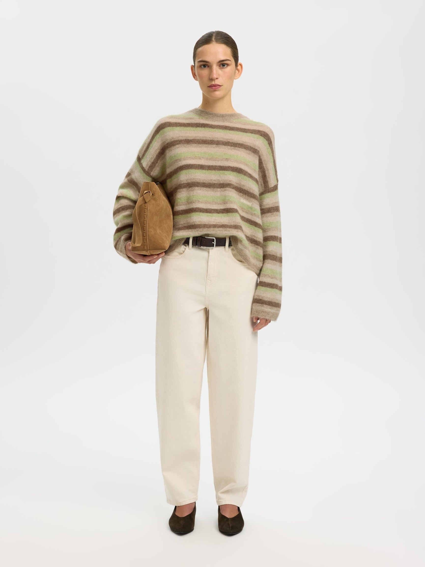 SELECTED LULU BUTTON O NECK BIRCH/LIME/CHOC CHIP