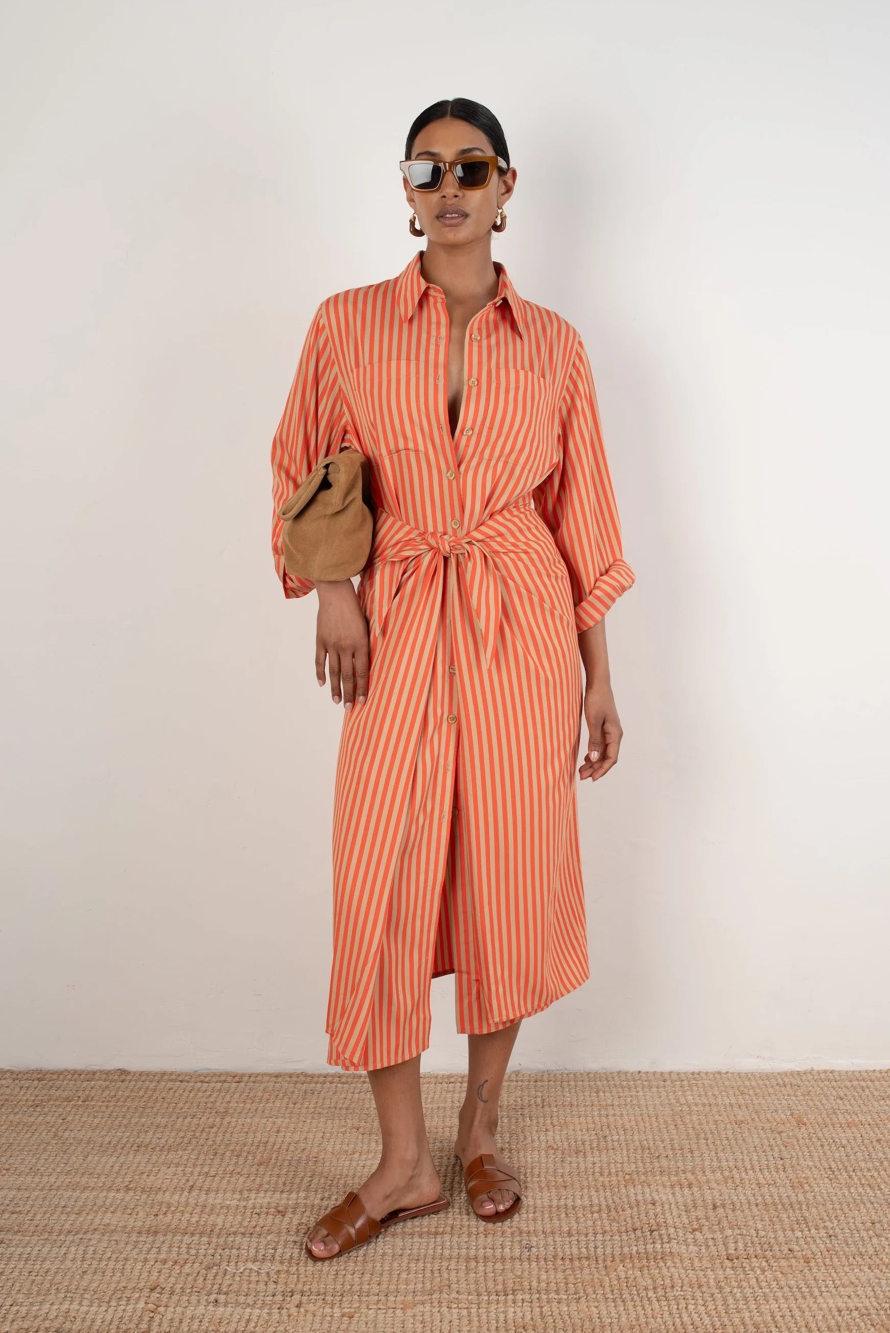VIVERE LINA TIE FRONT ORANGE SAND DRESS