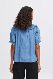 ICHI BARCY SS LIGHT BLUE CHAMBREY TOP