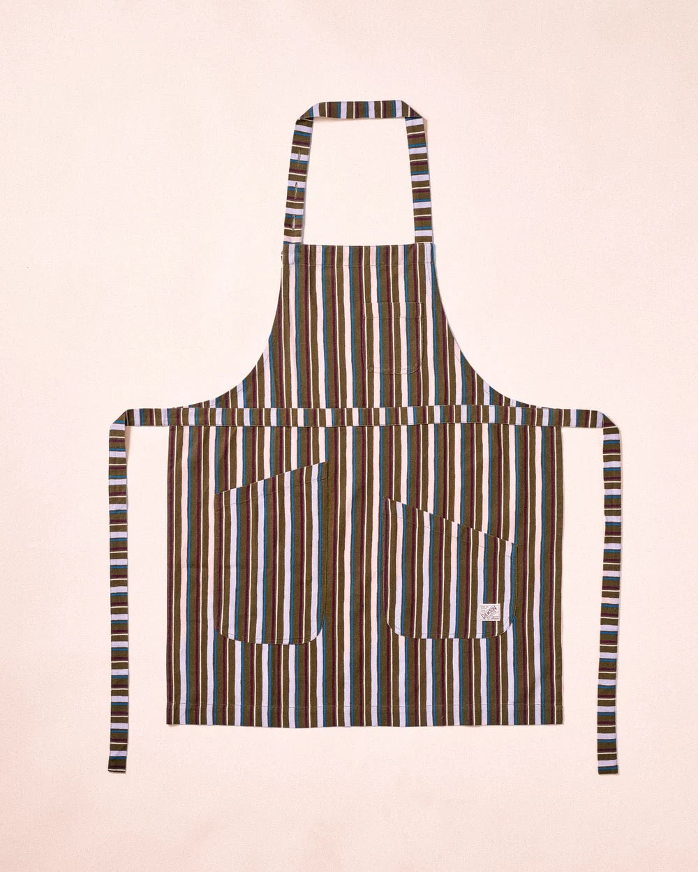 DAMSON MADDER APRON MULTI POCKETS OLIVE STRIPE