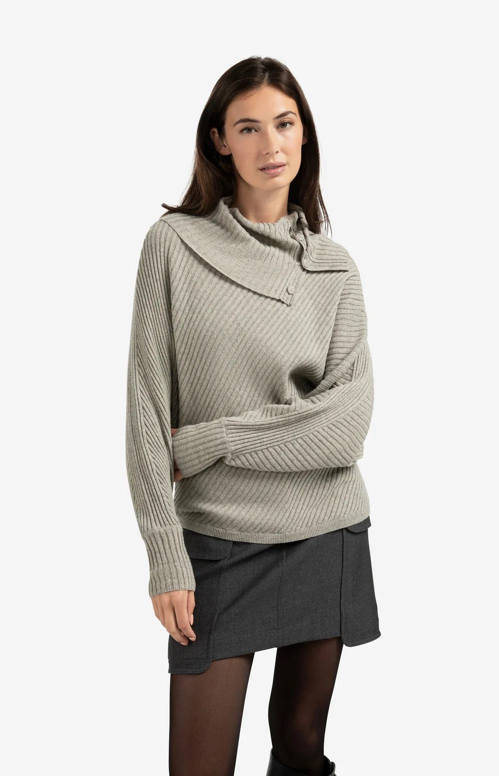 YAYA  RIB BATWING WITH COLLAR BROWNISH GREY MELANGE
