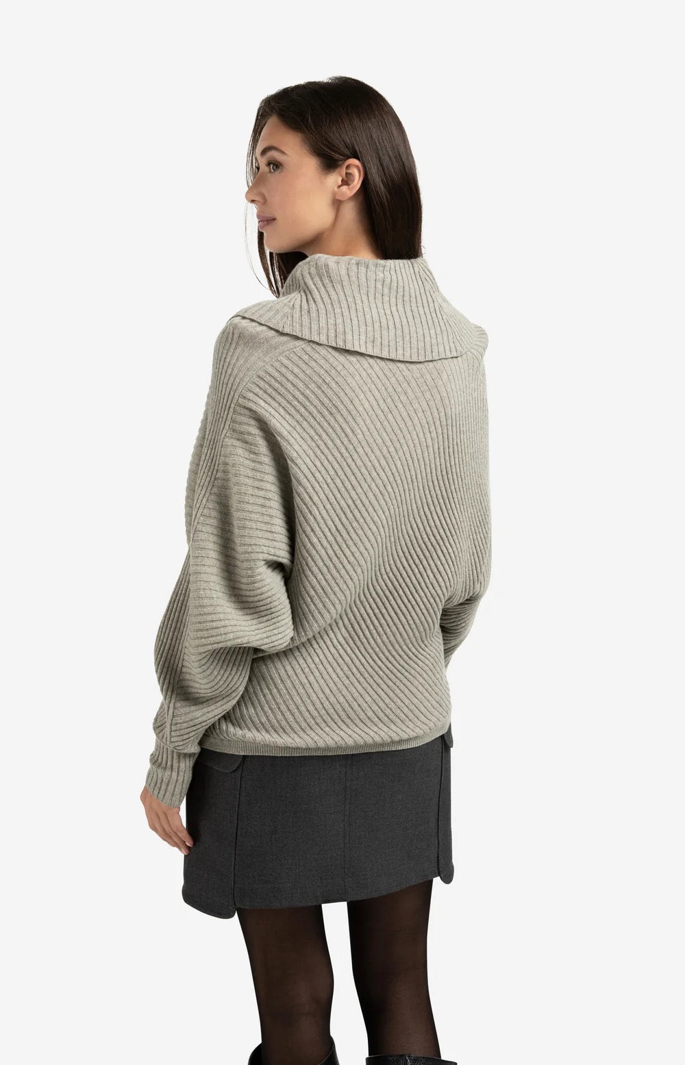 YAYA  RIB BATWING WITH COLLAR BROWNISH GREY MELANGE