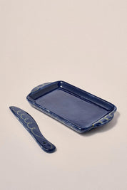 DAMSON MADDER BUTTER DISH & KNIFE LARGE SPOT GREEN SWIRL