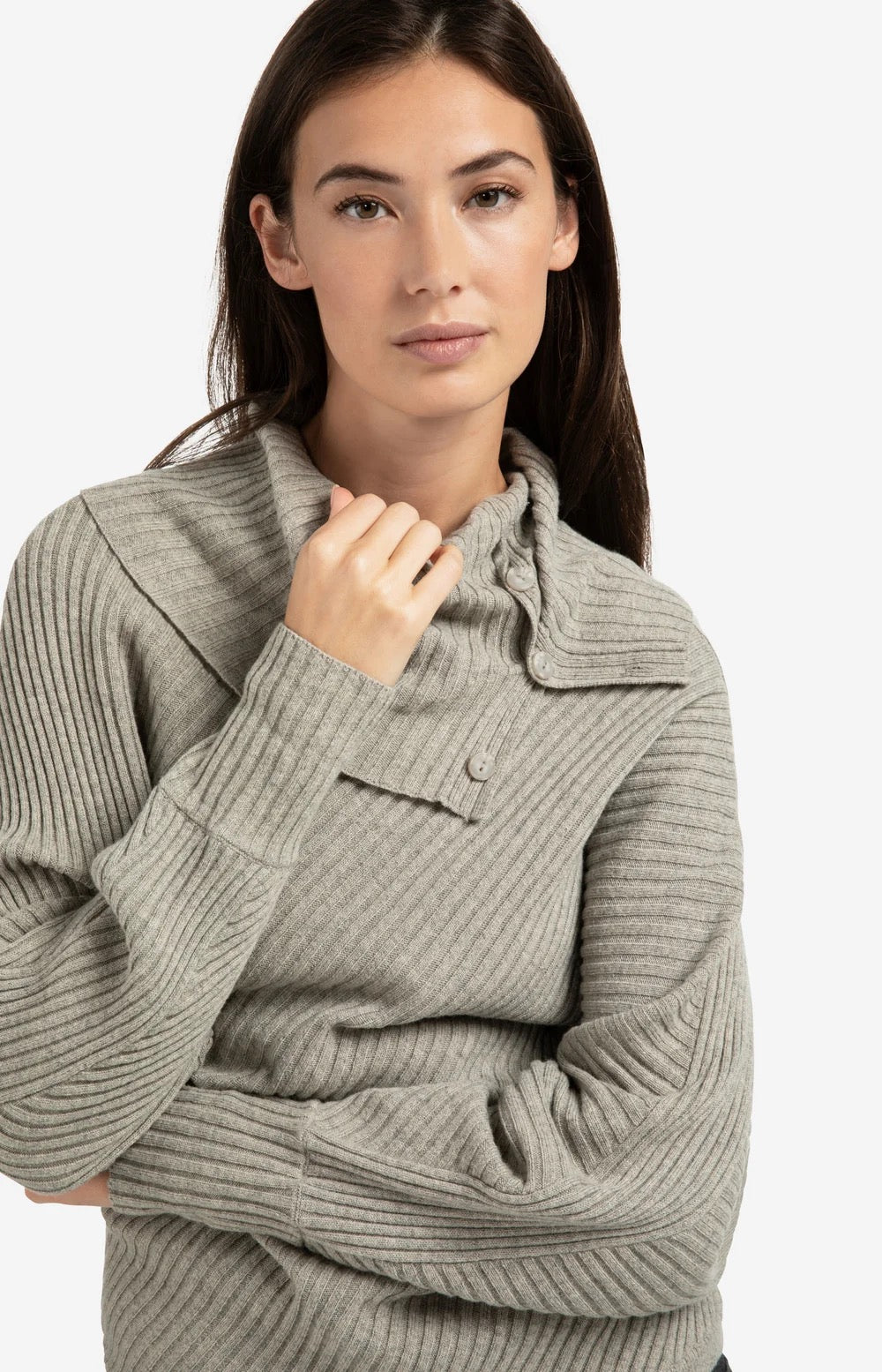 YAYA  RIB BATWING WITH COLLAR BROWNISH GREY MELANGE