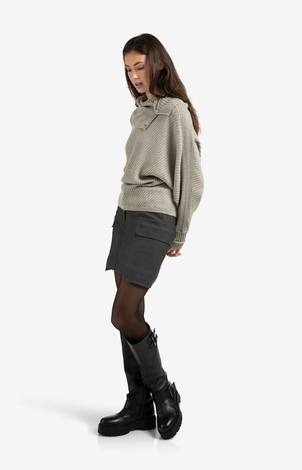 YAYA  RIB BATWING WITH COLLAR BROWNISH GREY MELANGE