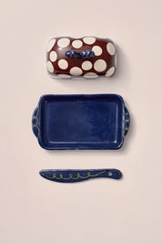 DAMSON MADDER BUTTER DISH & KNIFE LARGE SPOT GREEN SWIRL