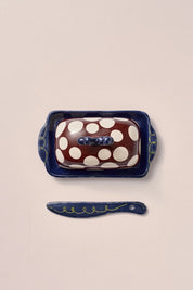 DAMSON MADDER BUTTER DISH & KNIFE LARGE SPOT GREEN SWIRL