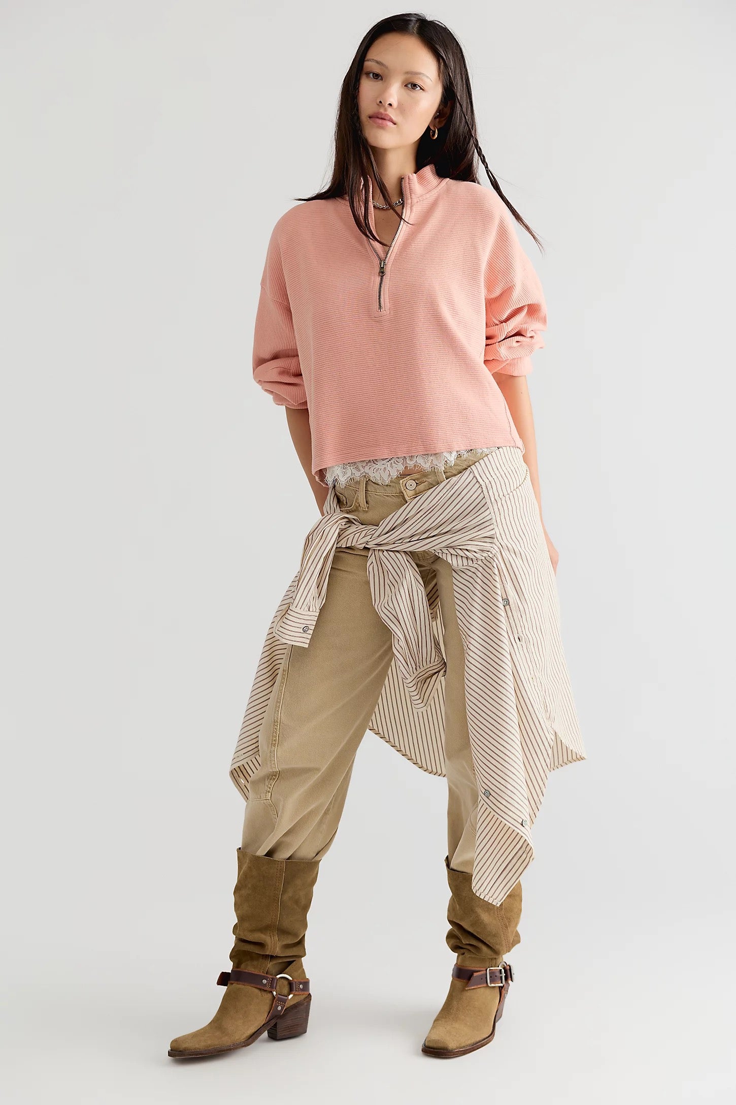 FREE PEOPLE  CELESTE 1/4ZIP CORAL PINK