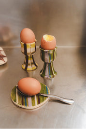 DAMSON MADDER SET OF 2 EGG CUPS CHARTREUSE CHECK/OLIVE STRIPE