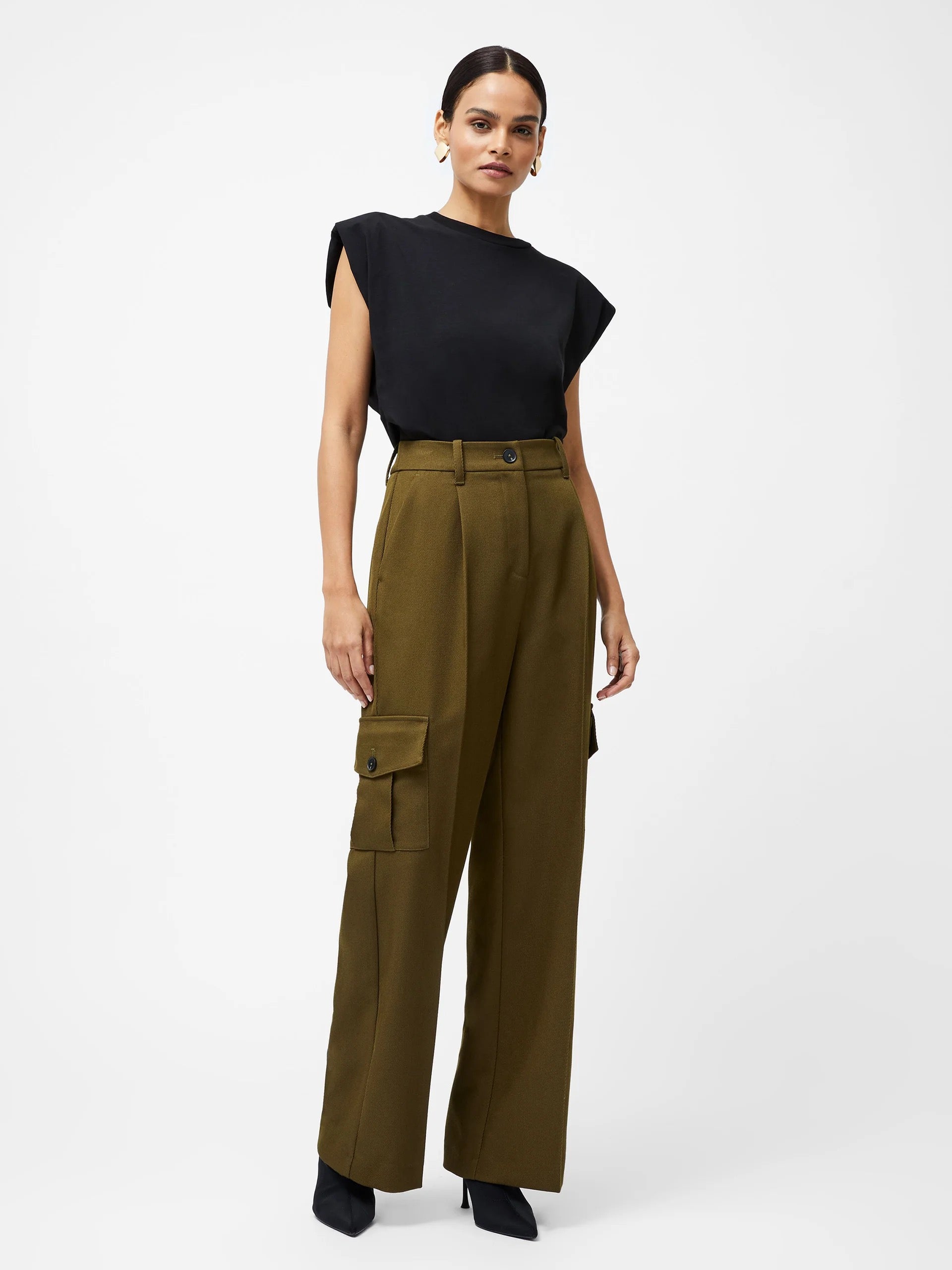 FRENCH CONNECTION FLORENCE TWILL KHAKI TROUSERS