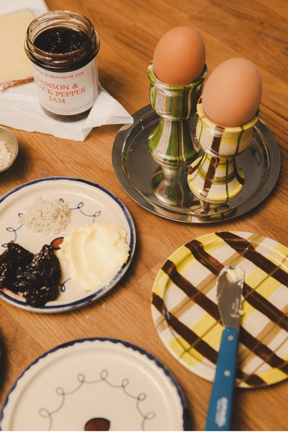DAMSON MADDER SET OF 2 EGG CUPS CHARTREUSE CHECK/OLIVE STRIPE