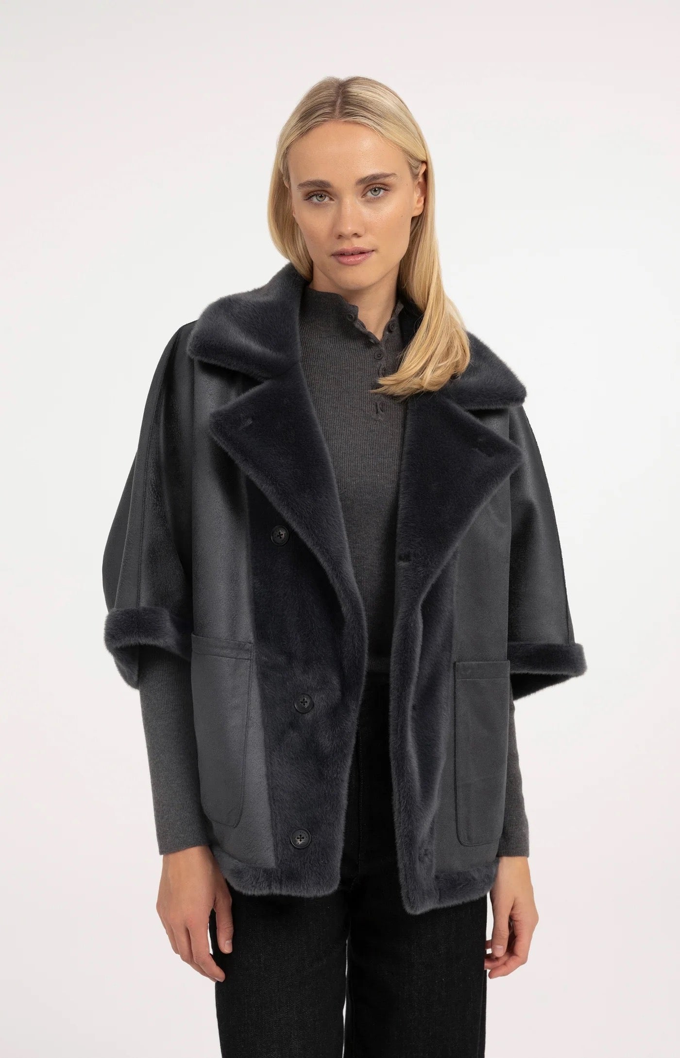 YAYA REVERSIBLE  FAUX FUR DARK ANTHRACITE