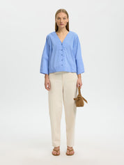 SELECTED BEA 3/4 V NECK DUSTY BLUE