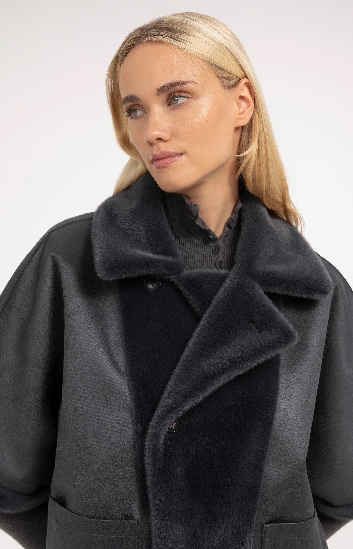 YAYA REVERSIBLE  FAUX FUR DARK ANTHRACITE