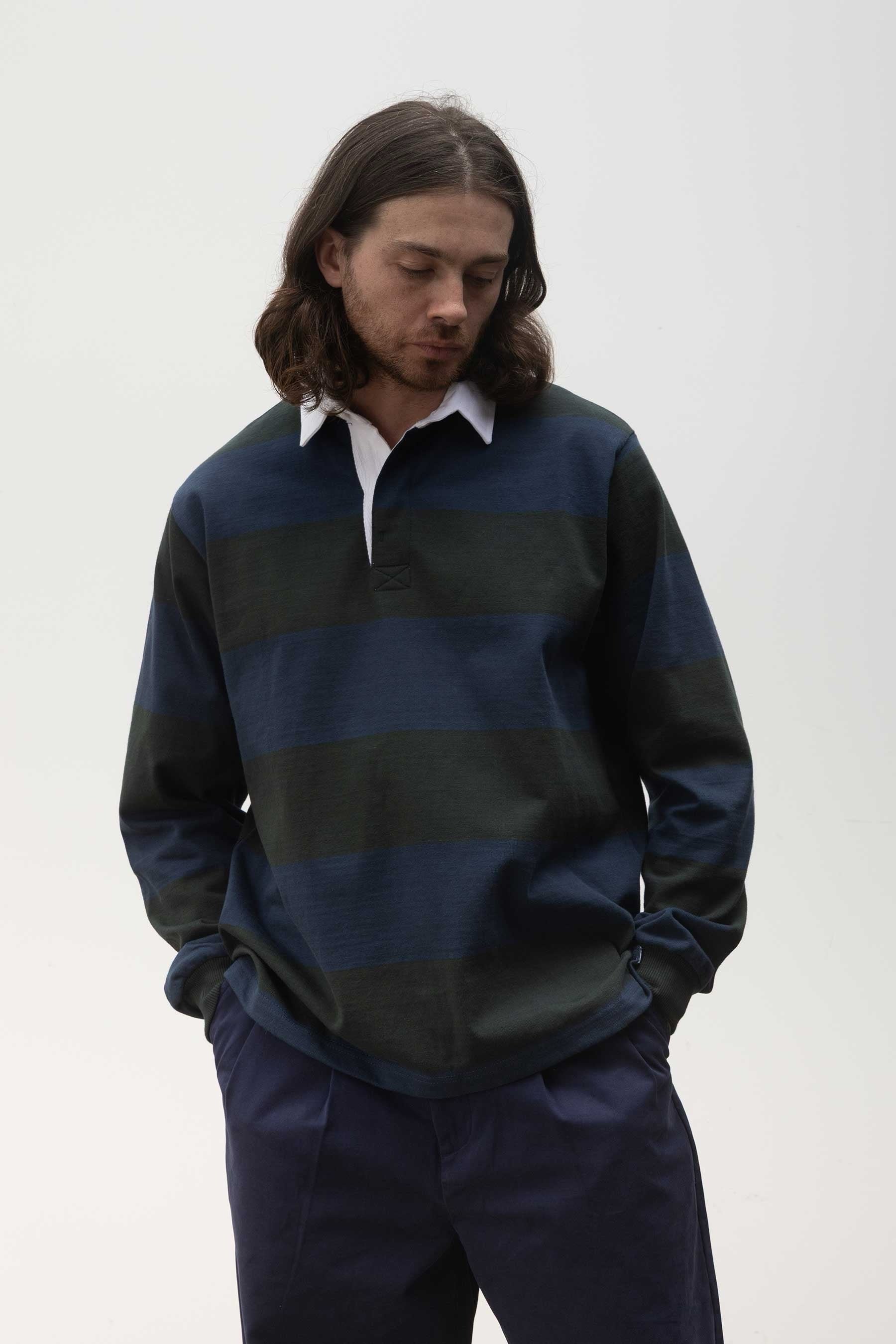 OPENSIDER  CLASSIC RUGBY BLUE/GREEN WIDE STRIPE