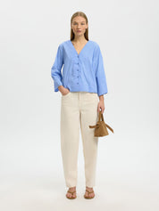 SELECTED BEA 3/4 V NECK DUSTY BLUE