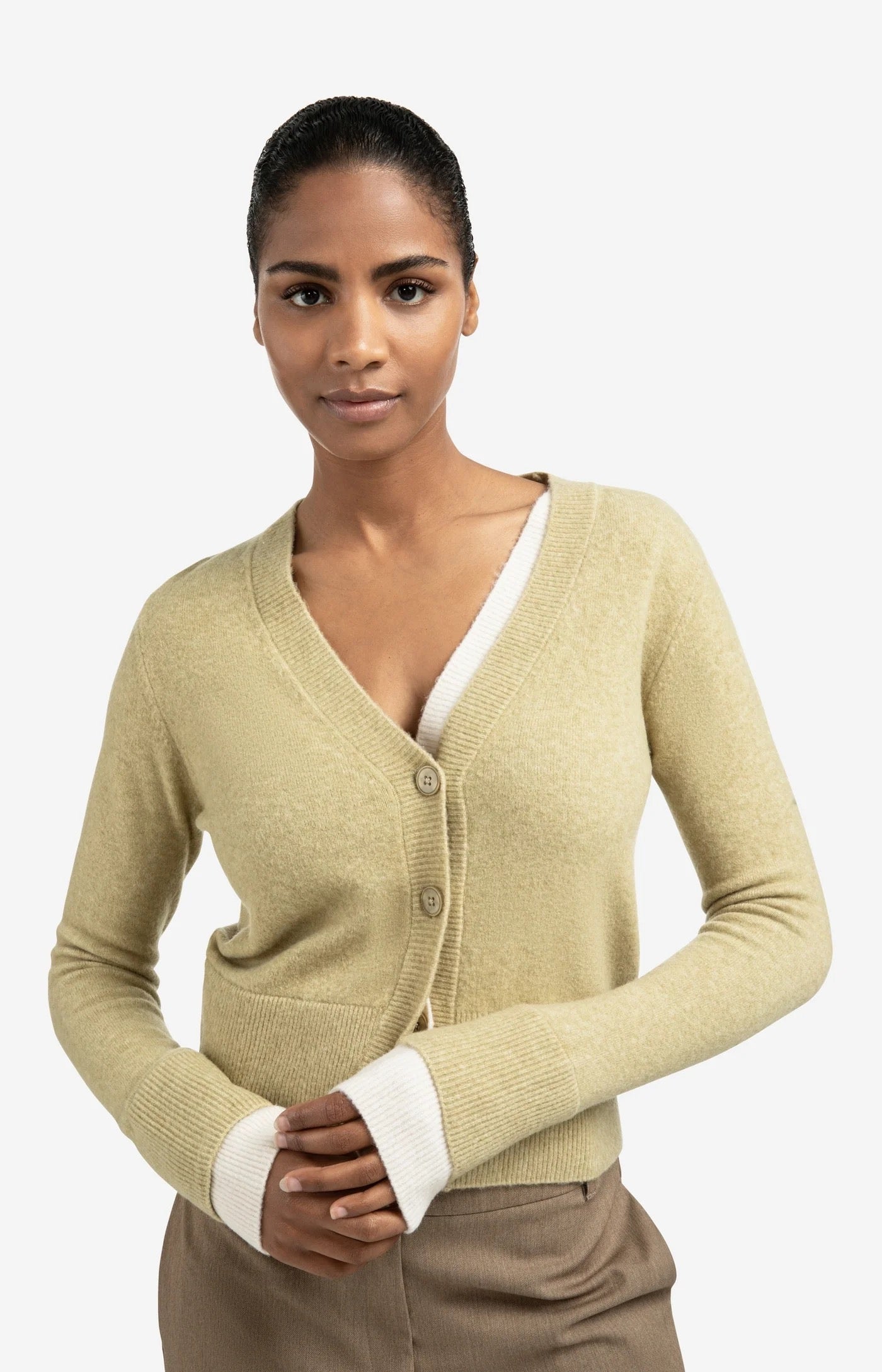 YAYA CONTRAST CARDIGAN PALE OLIVE MELANGE