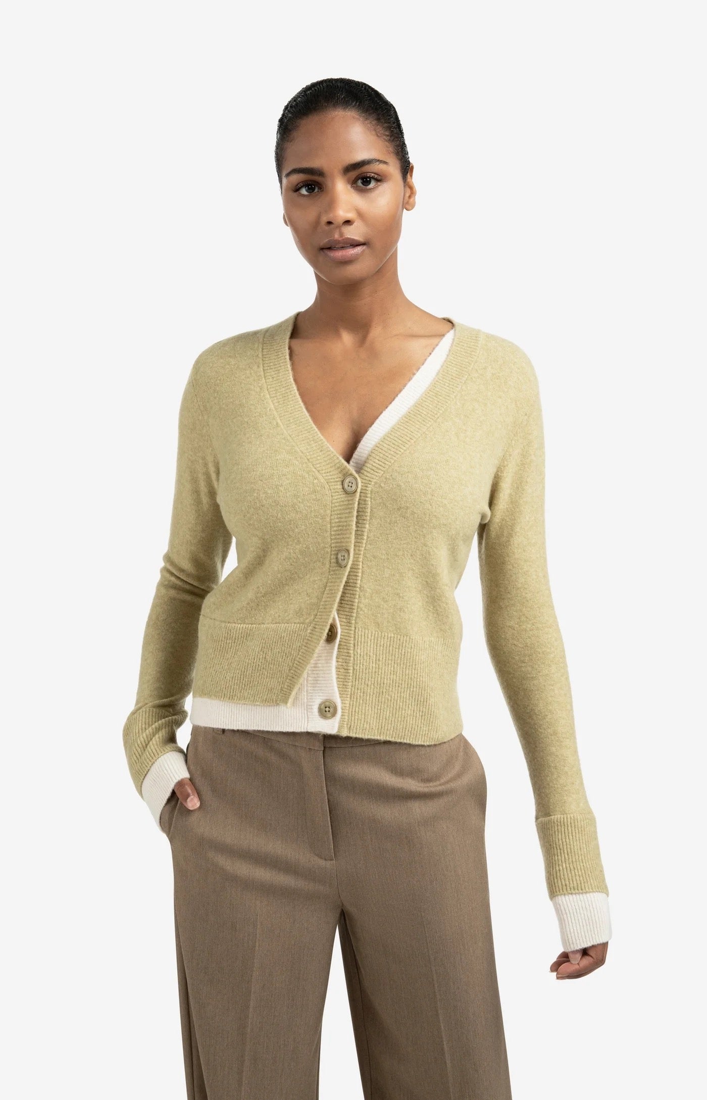 YAYA CONTRAST CARDIGAN PALE OLIVE MELANGE