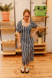 FRENCH CONNECTION DRESS  FRAN LIZZIE PUFF BLUE STRIPE