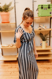 FRENCH CONNECTION DRESS  FRAN LIZZIE PUFF BLUE STRIPE