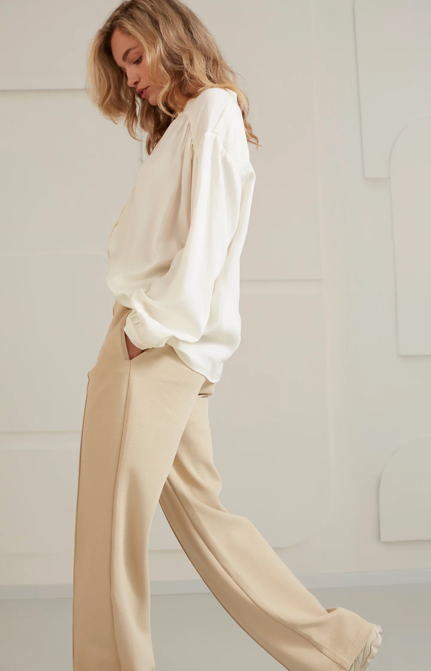 YAYA JERSEY PANT STRUCTURE WHITE PEPPER BEIGE